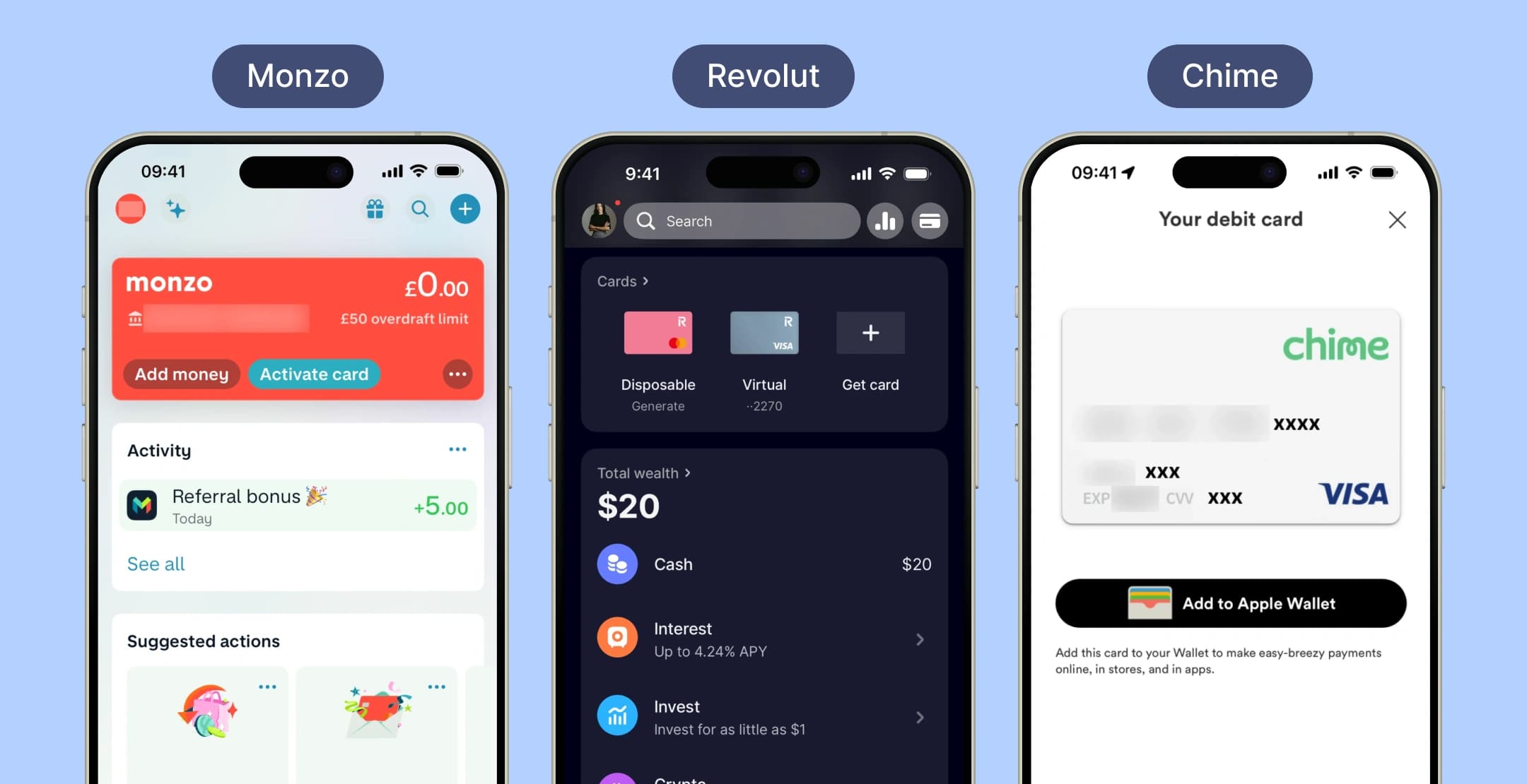 Side-by-side comparison of Monzo, Revolut, and Chime mobile banking UIs.