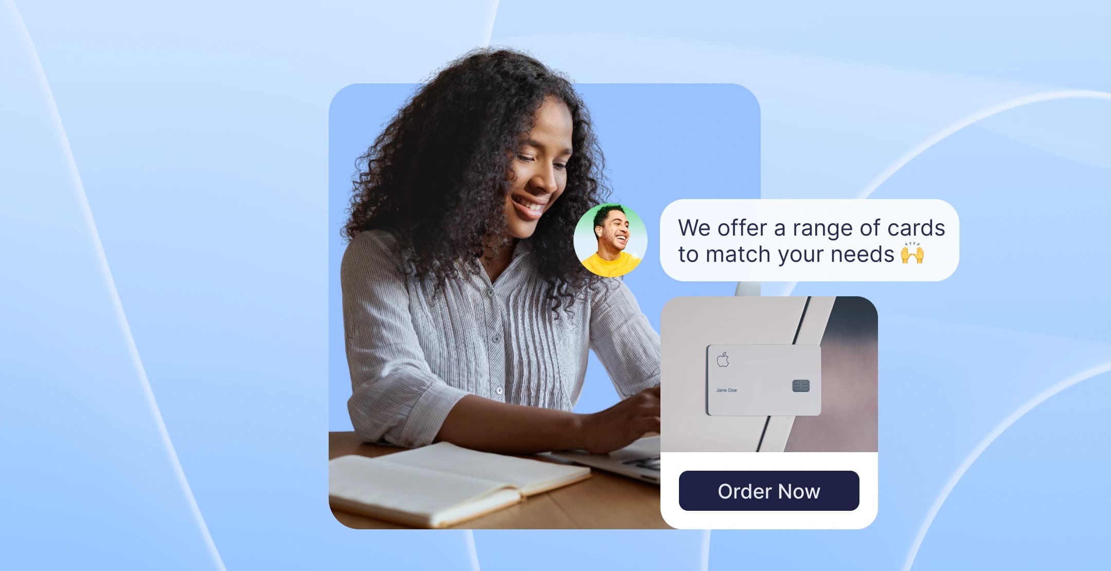 Woman browsing card options after receiving a personalized offer via in-app chat.