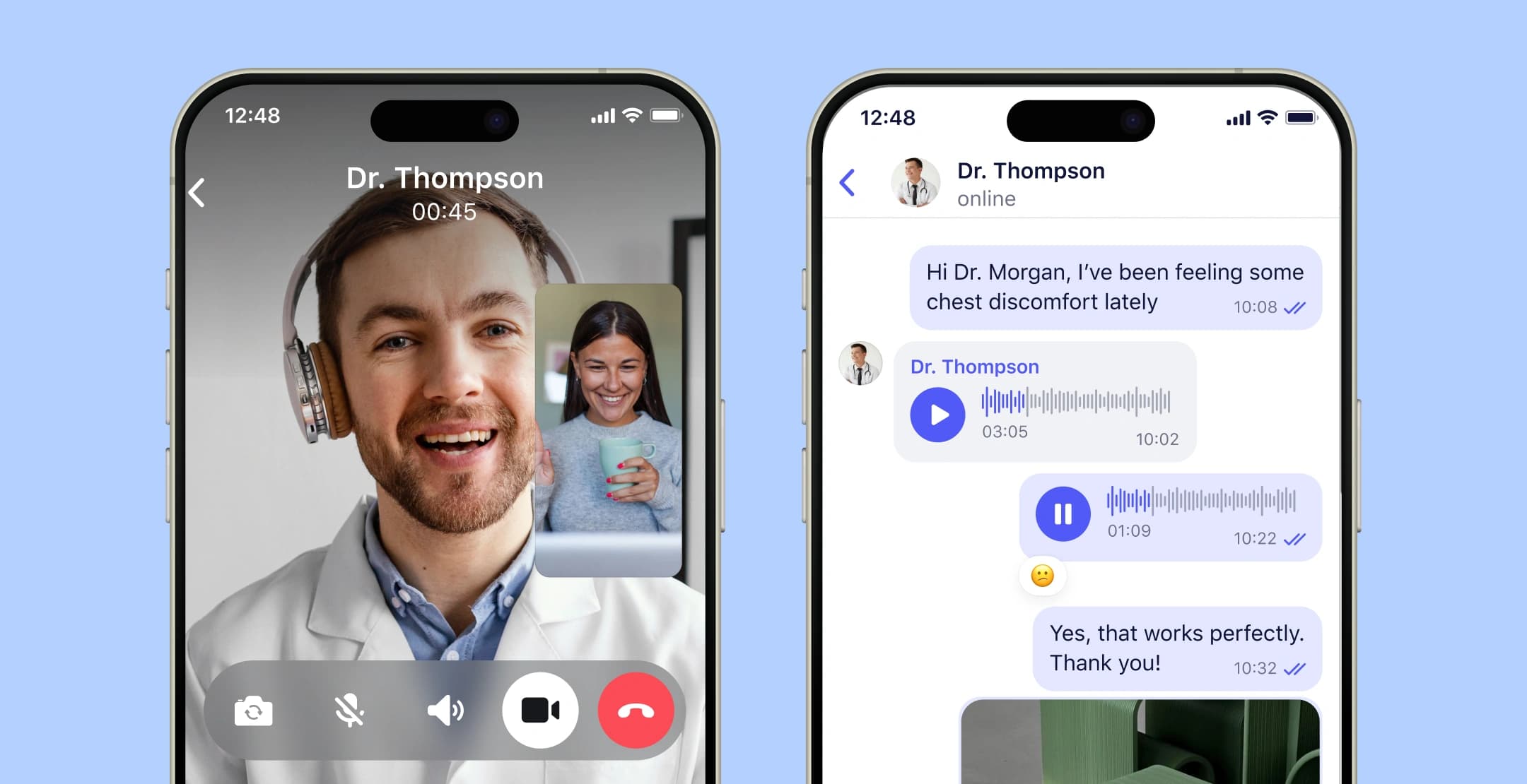 Video and text chat with a doctor for a health concern.