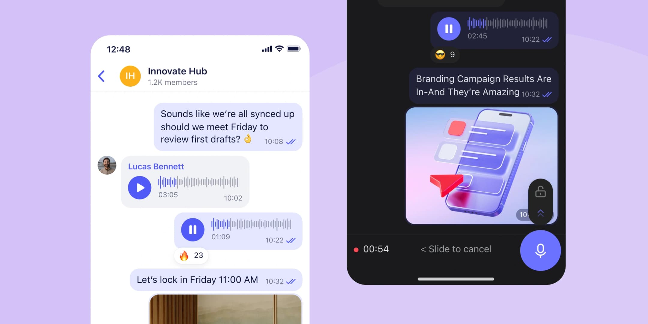Voice message playback, recording, and reactions in chat UI.