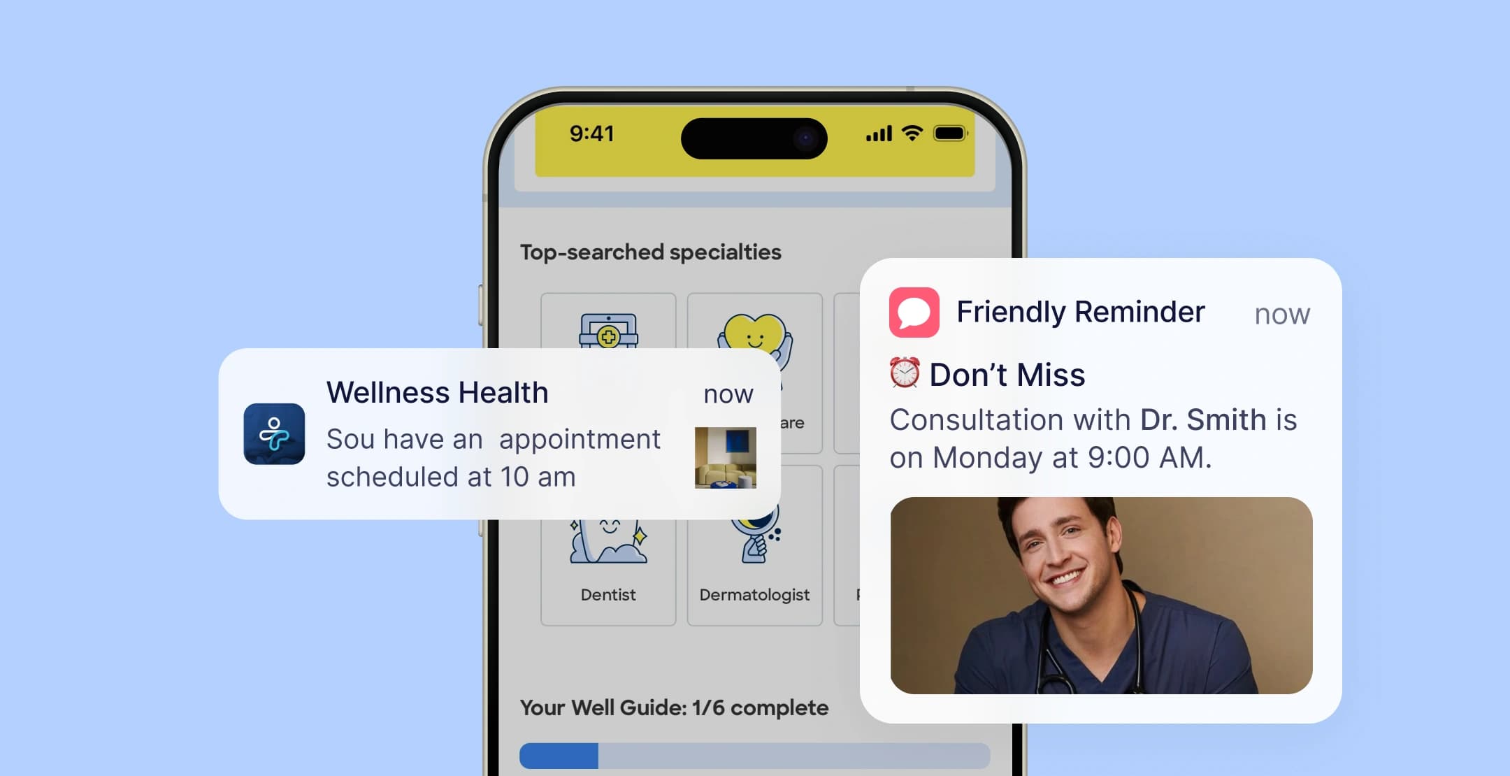 Appointment and consultation reminders via push notifications on a healthcare app.