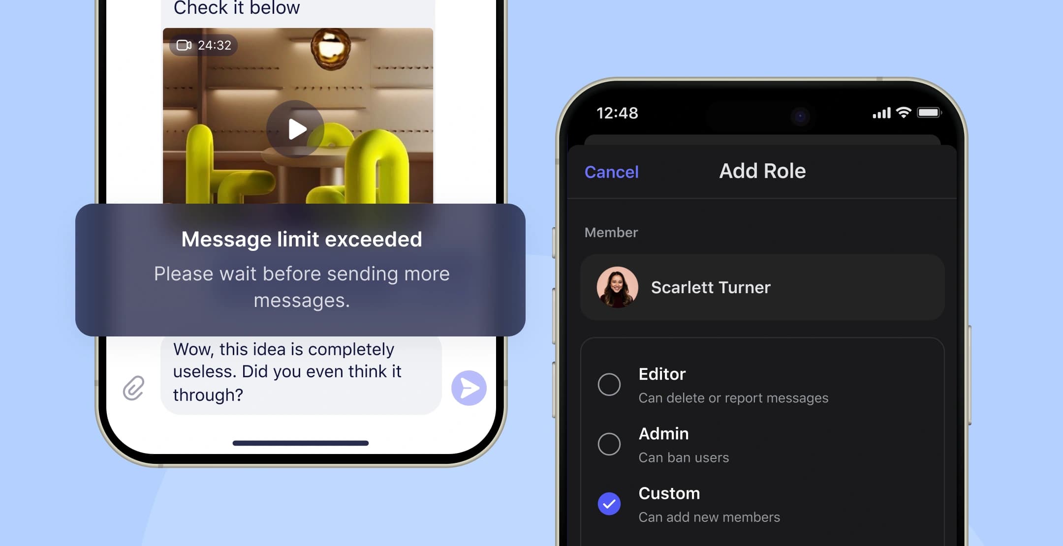 Chat app with message limits and role controls.
