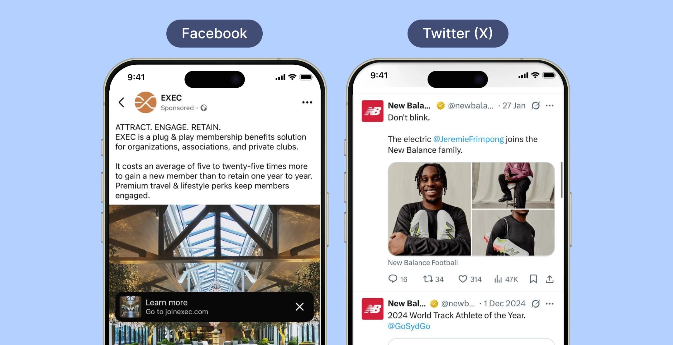 Facebook vs. Twitter (X) post comparison featuring ads and announcements