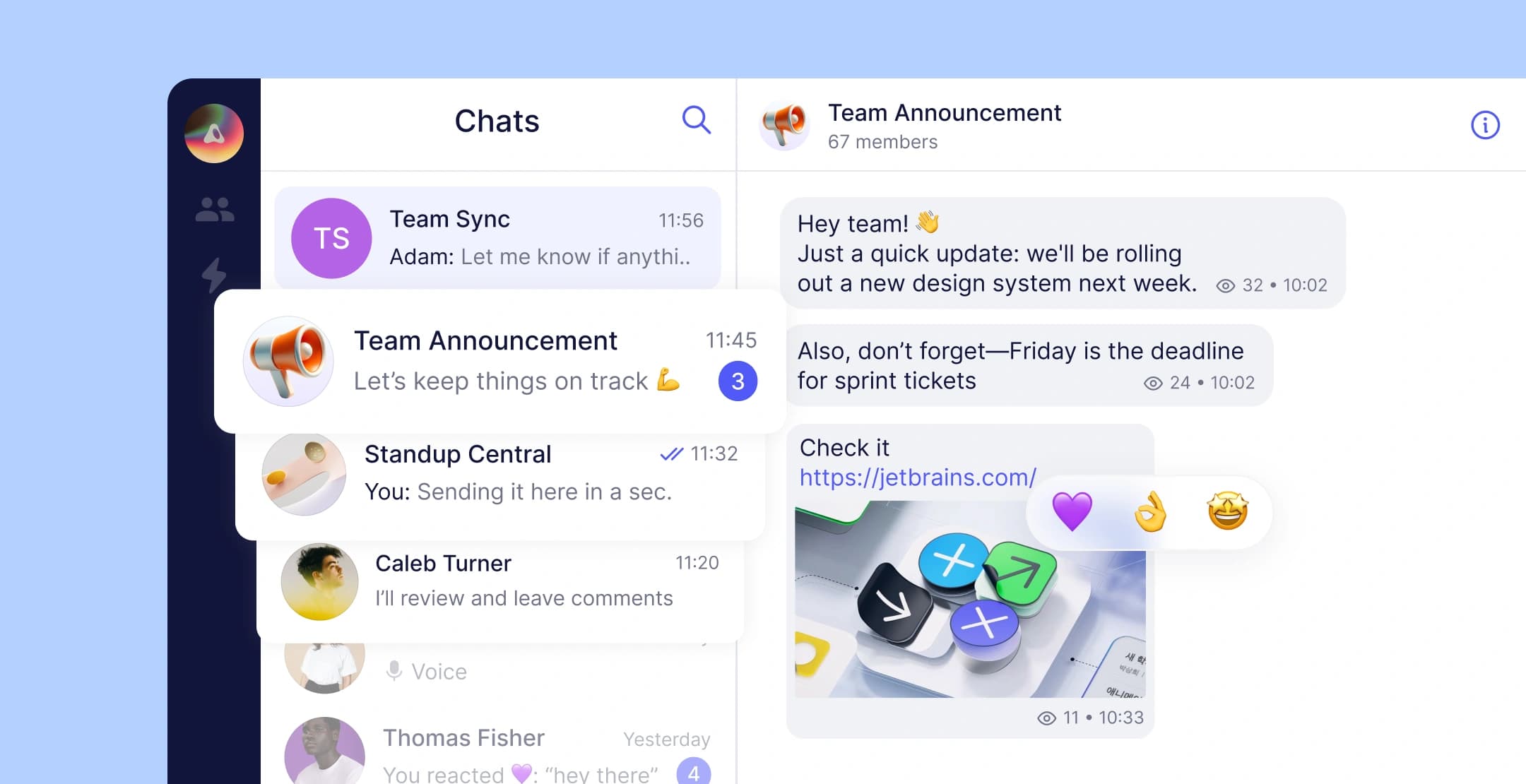 Chat channels with announcements, message views, and emoji reactions.