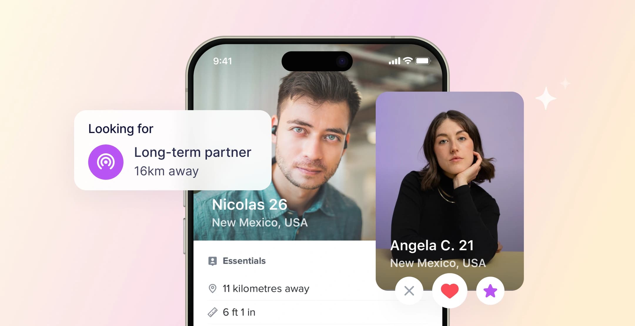 Dating app profile match with user preferences and distance displayed.