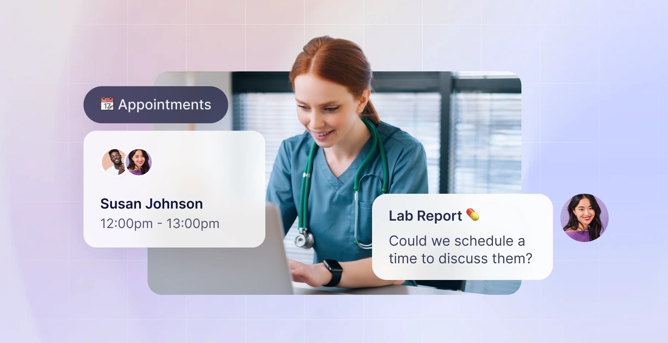 Doctor coordinating patient appointments and discussing lab reports via chat.