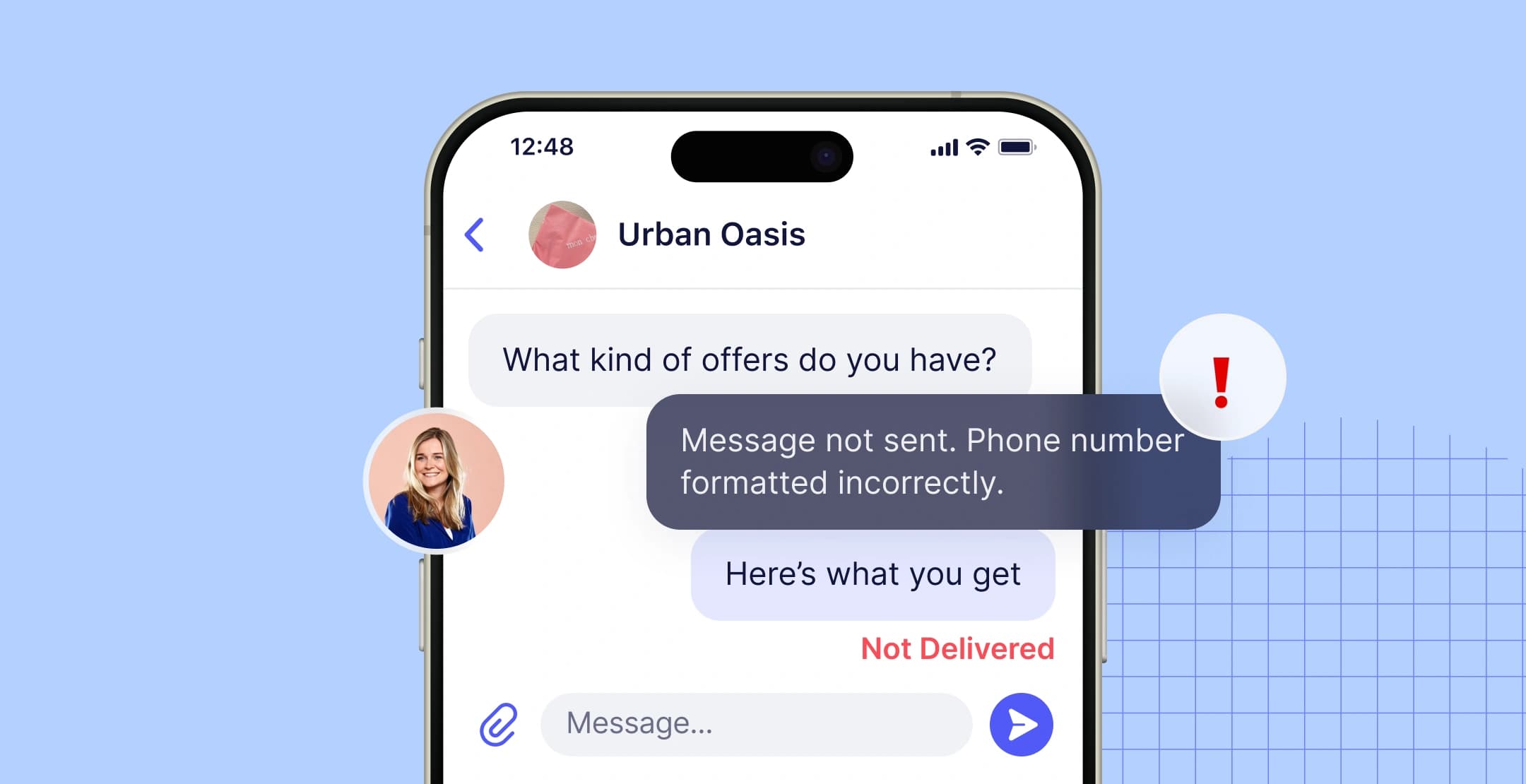 Chat message failed due to incorrect phone number format.