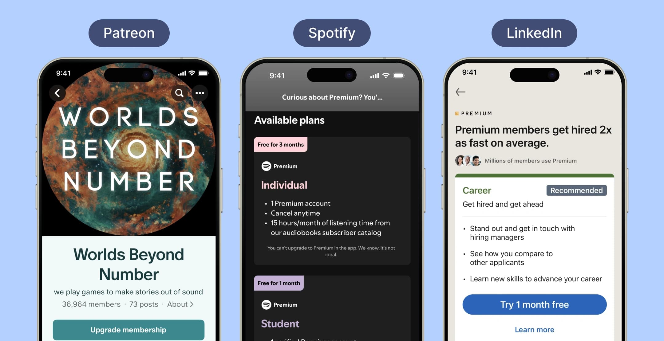 Patreon, Spotify, and LinkedIn premium membership and subscription plan examples.