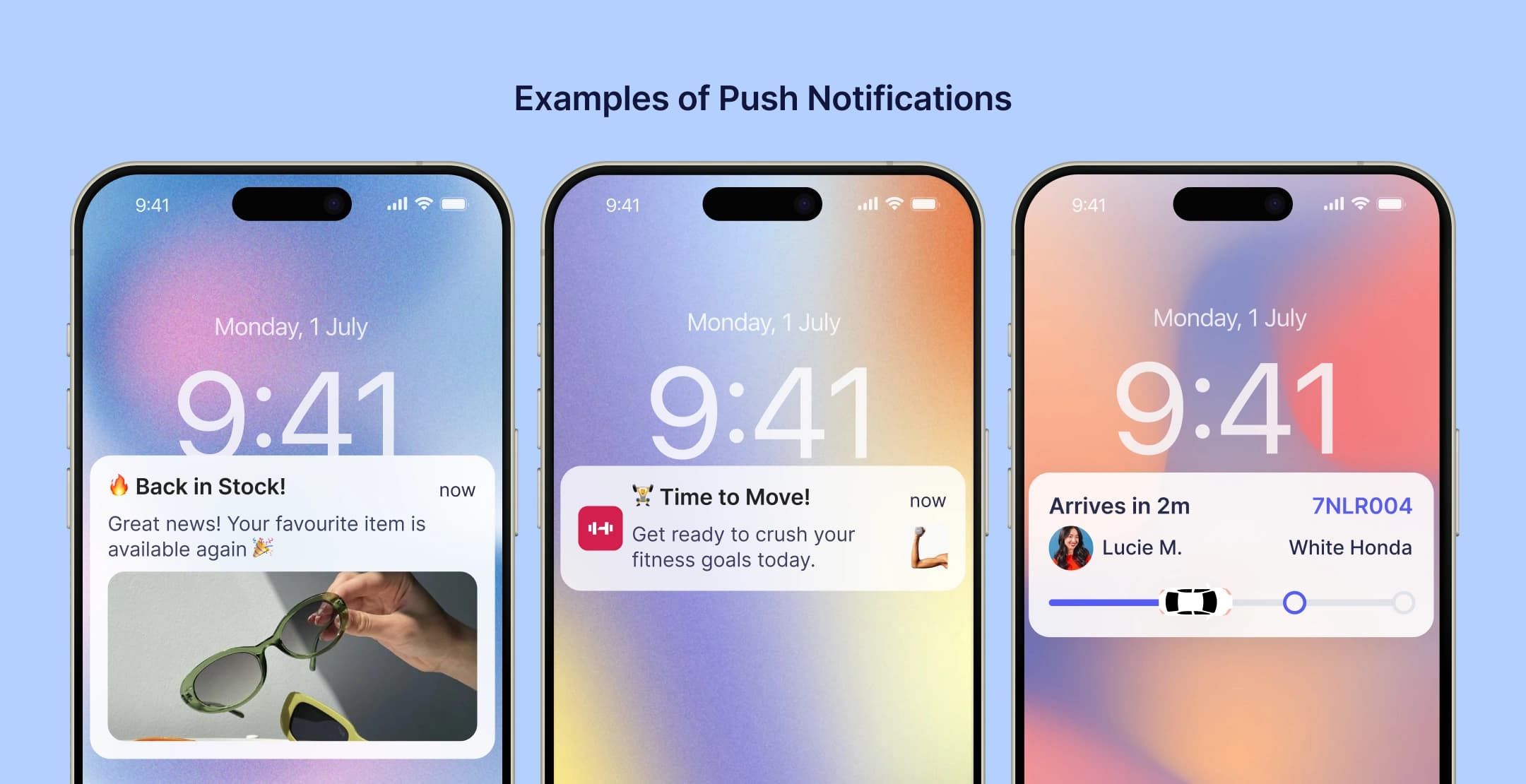 Phones displaying different push notifications for shopping, fitness, and ride arrival