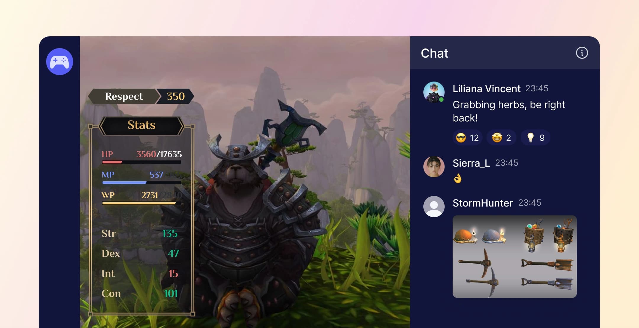 Gaming interface with character stats and group chat for player interactions.