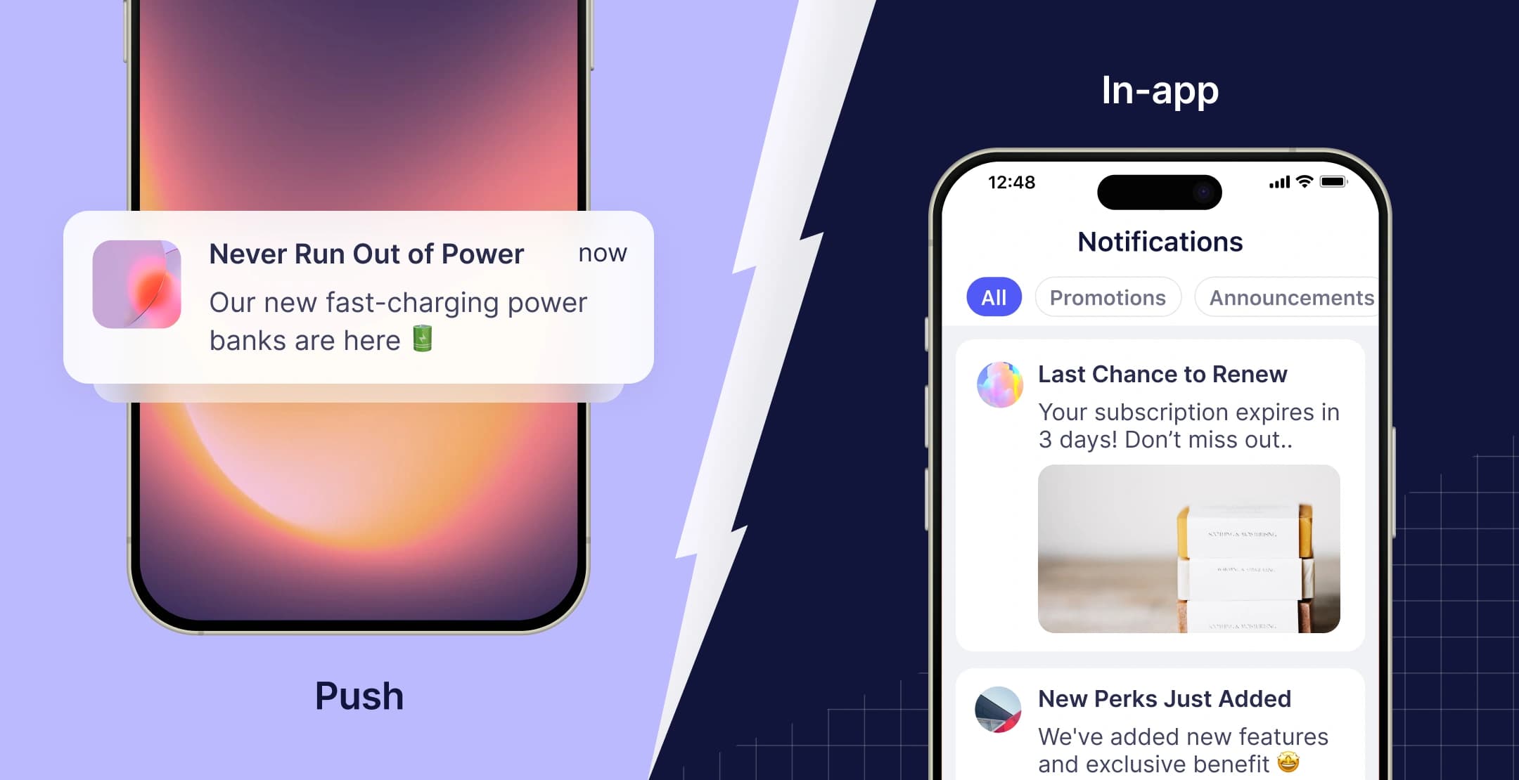 Side-by-side comparison of push notifications and in-app notifications on mobile devices.
