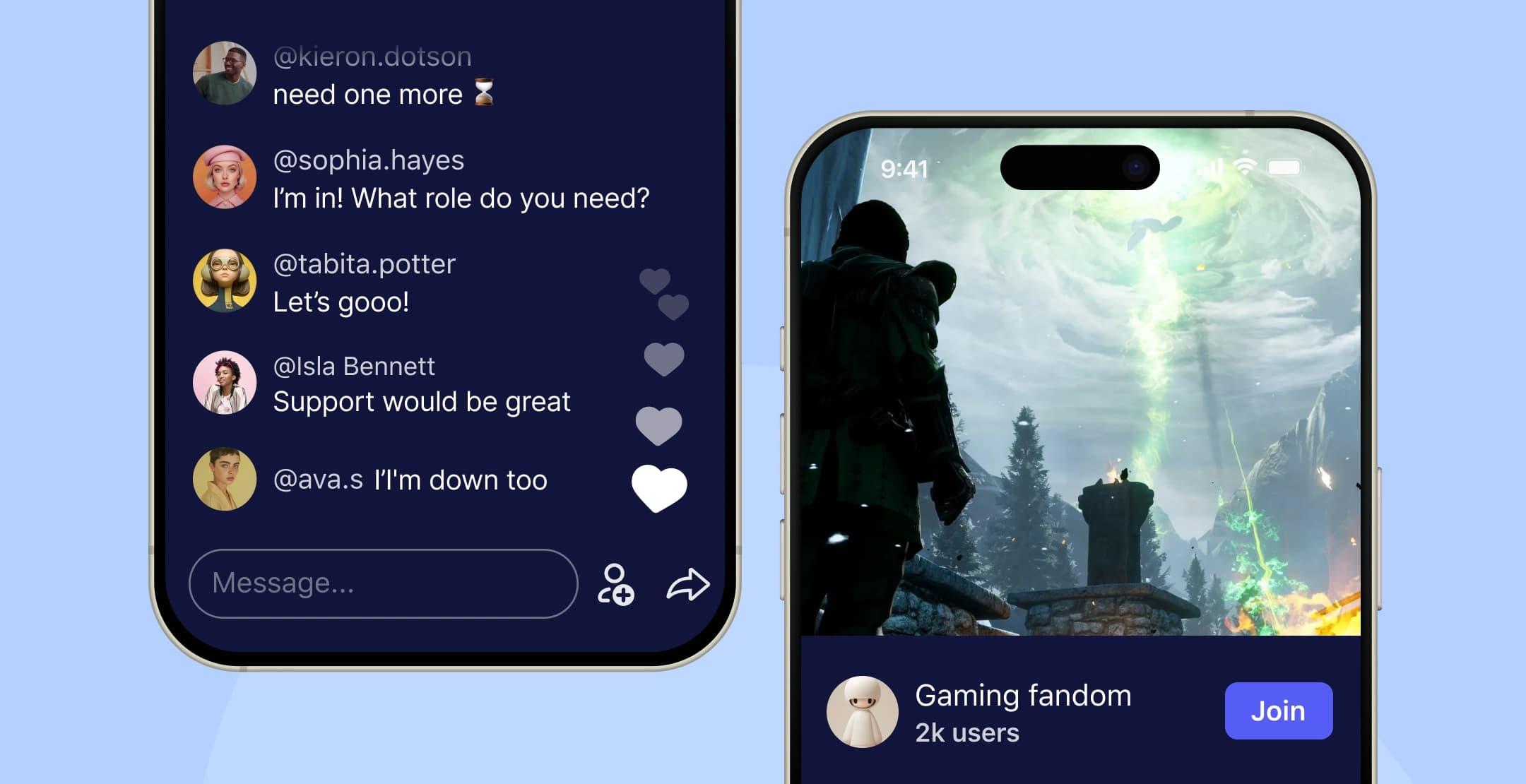 Mobile in-game chat and gaming community interface.