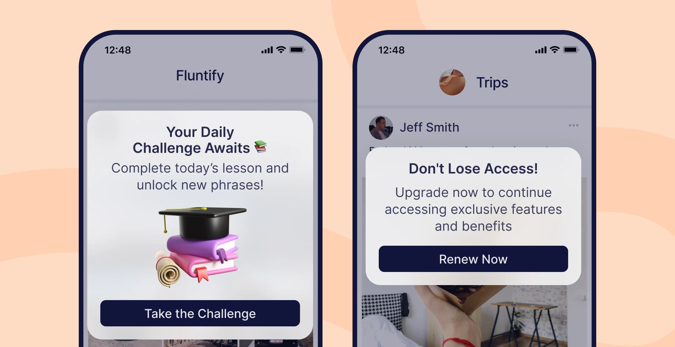 App screens with daily challenge and renewal in-app notifications.
