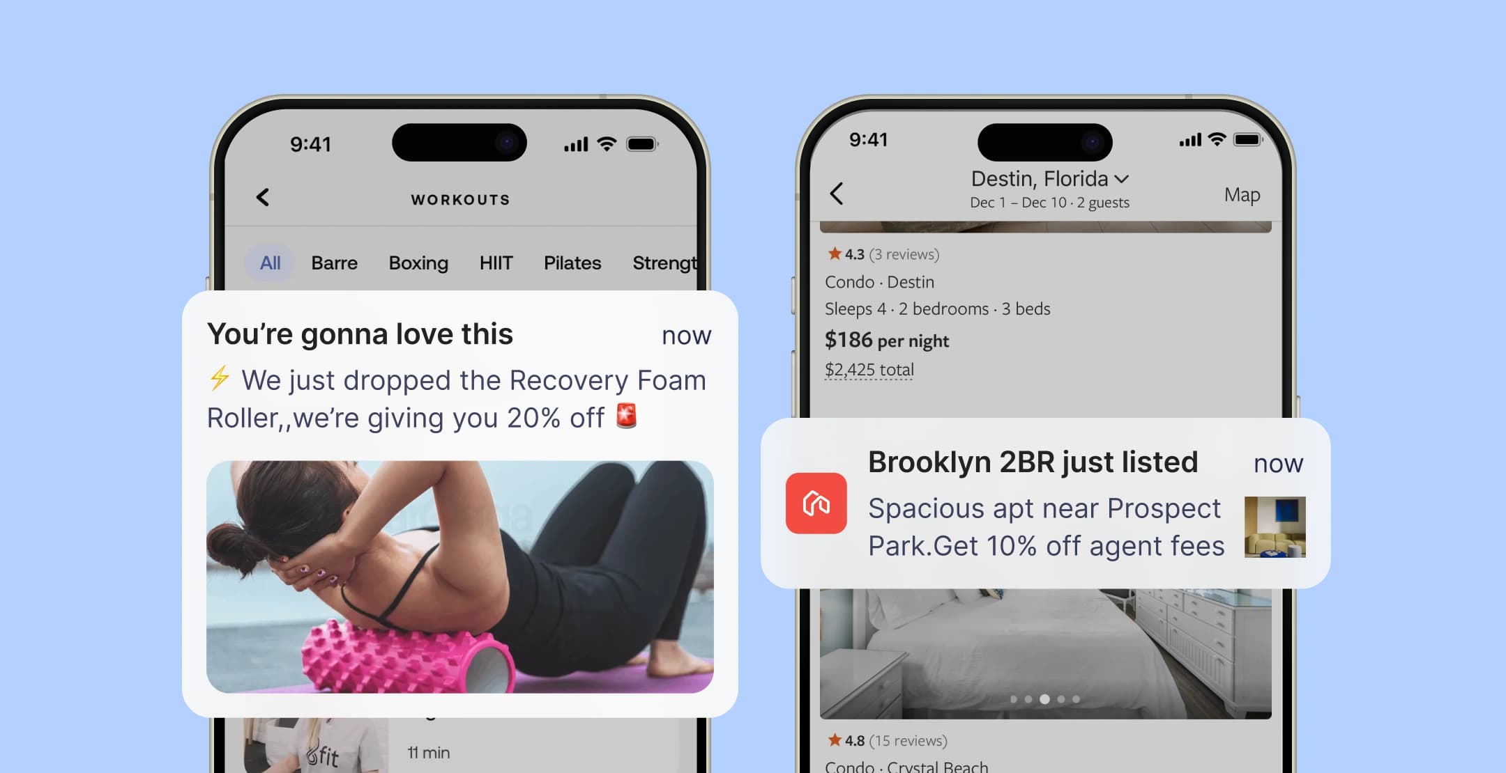 In-app promotions offering discounts on fitness gear and newly listed apartments.