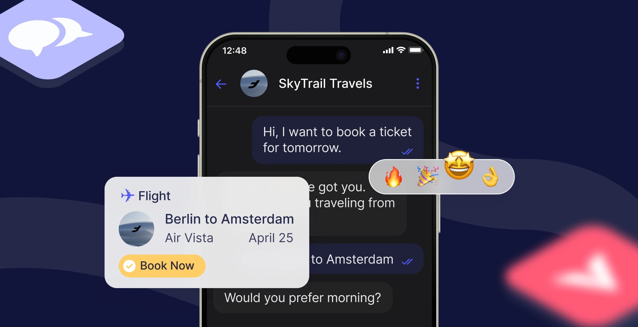 Chat-based flight booking with instant reactions and “Book Now” option.