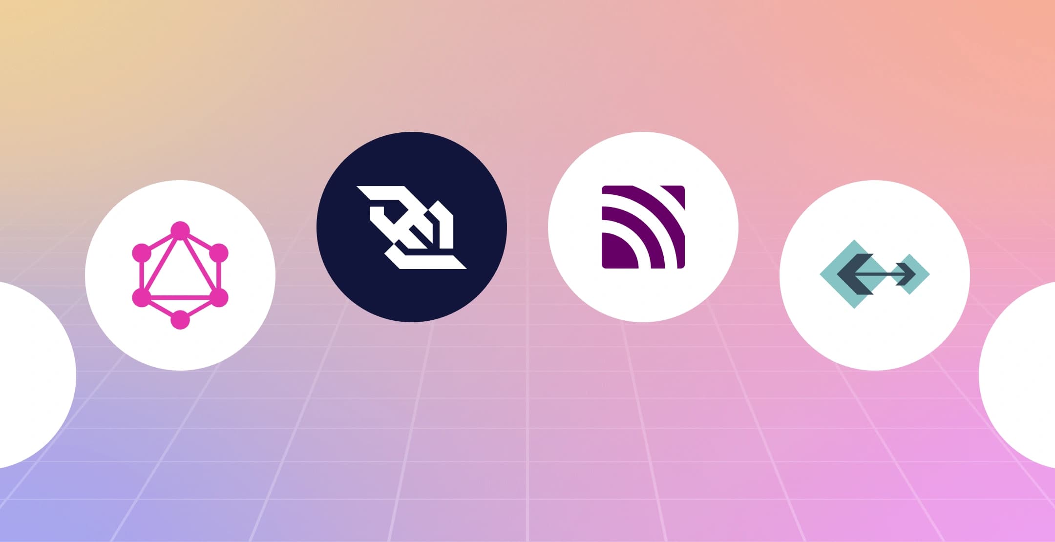 Real-time communication protocol icons, such as WebSockets, on a gradient background.
