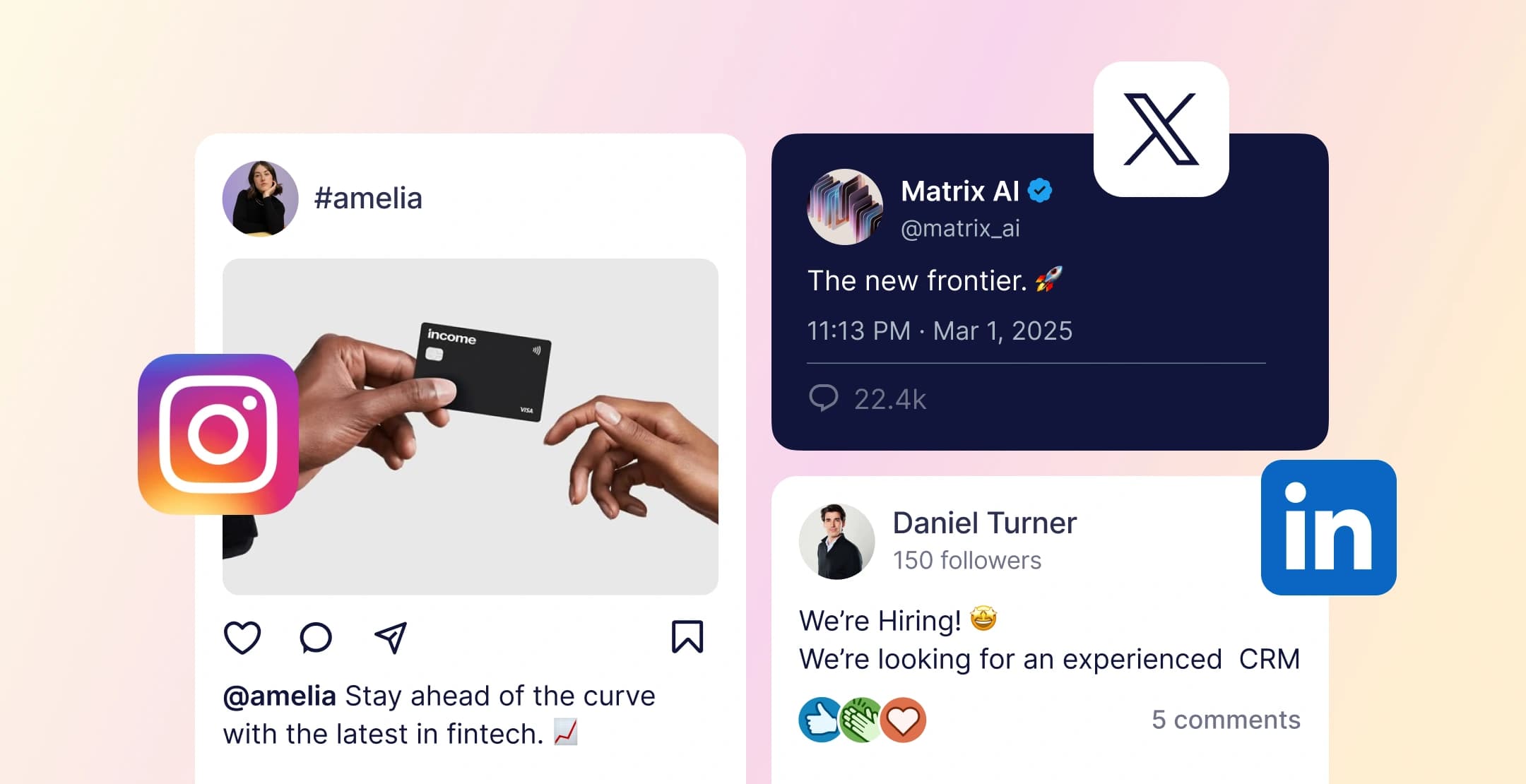 Social media posts on Instagram, X, and LinkedIn featuring fintech, AI, and hiring updates