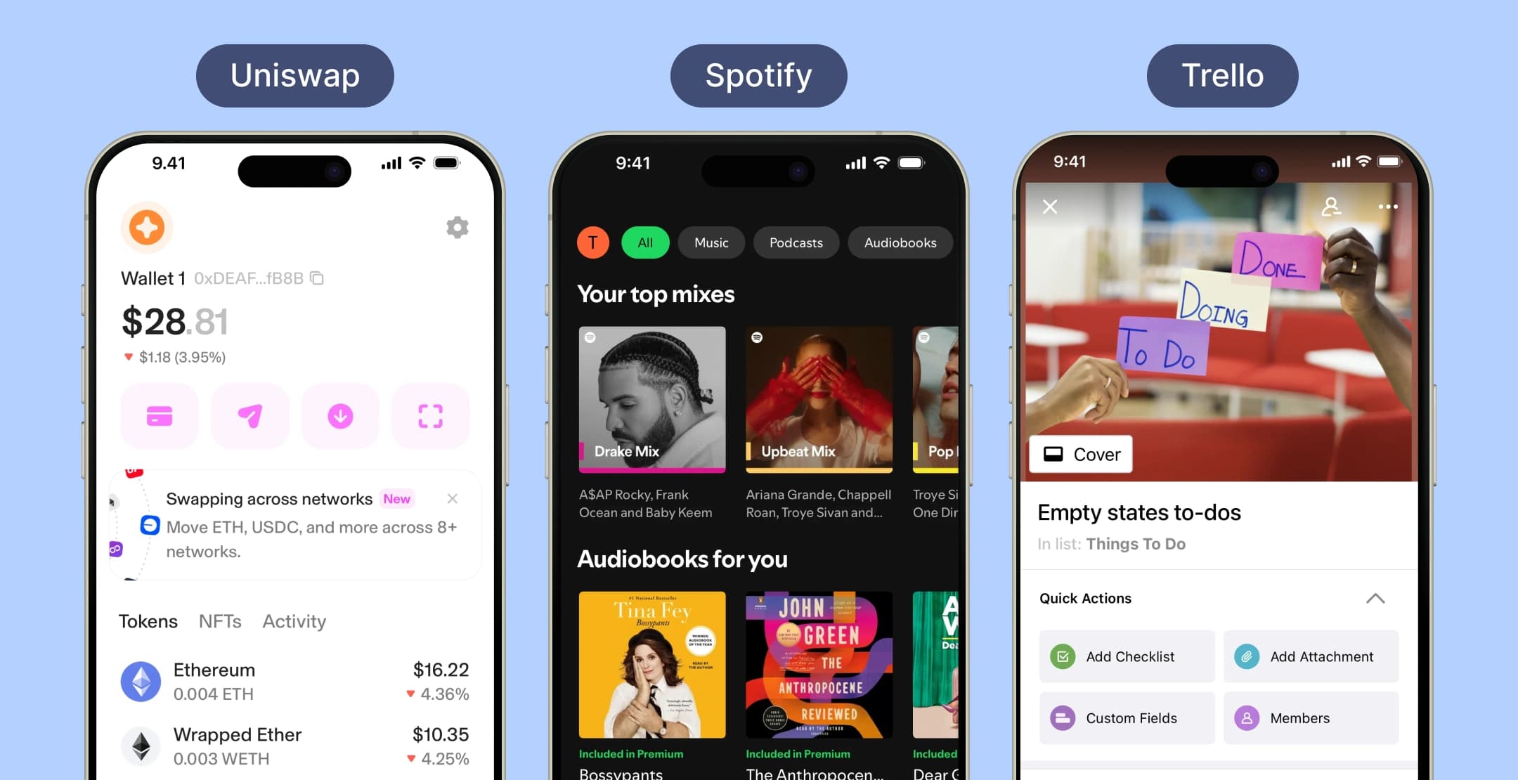 Mobile UI screens of Uniswap, Spotify, and Trello apps.
