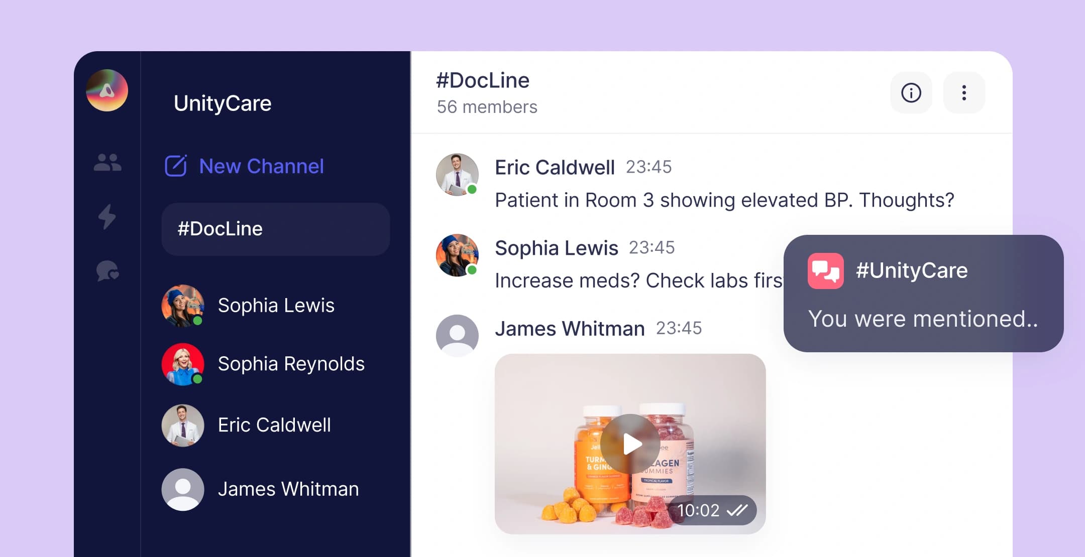 Healthcare team discusses patient updates in a group chat with mention notifications.